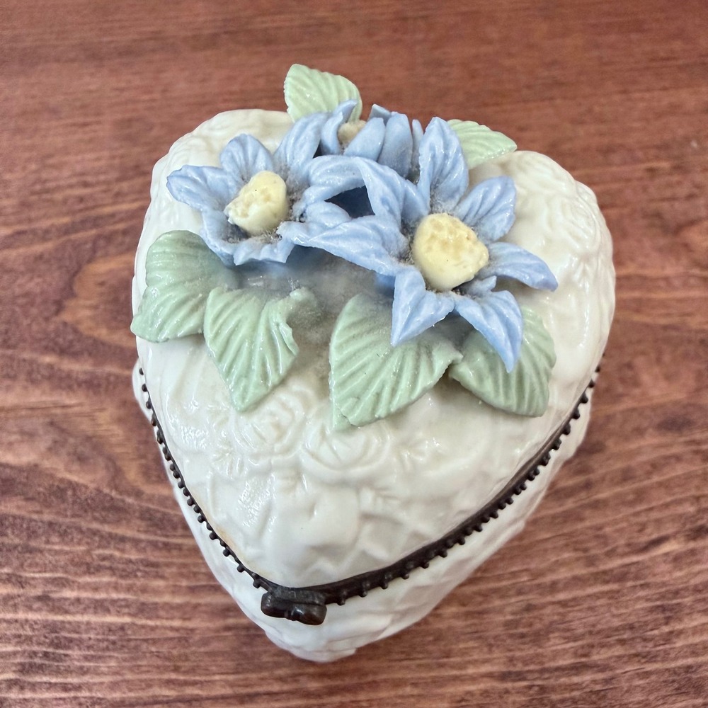 Vintage Heart Shaped Ceramic Trinket Box Blue Floral Embossed Roses Jewelry Case